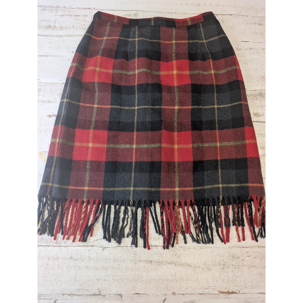 Vintage 70's Wool Blend Plaid Skirt Fringe Preppy Academia Coquettish Sz. 10